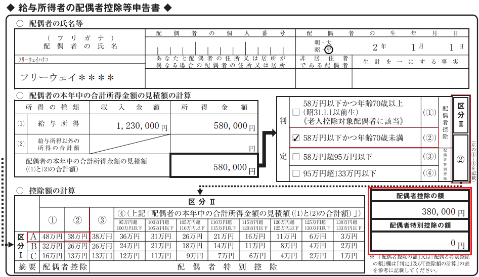 配偶者控除申告書の画面キャプチャ